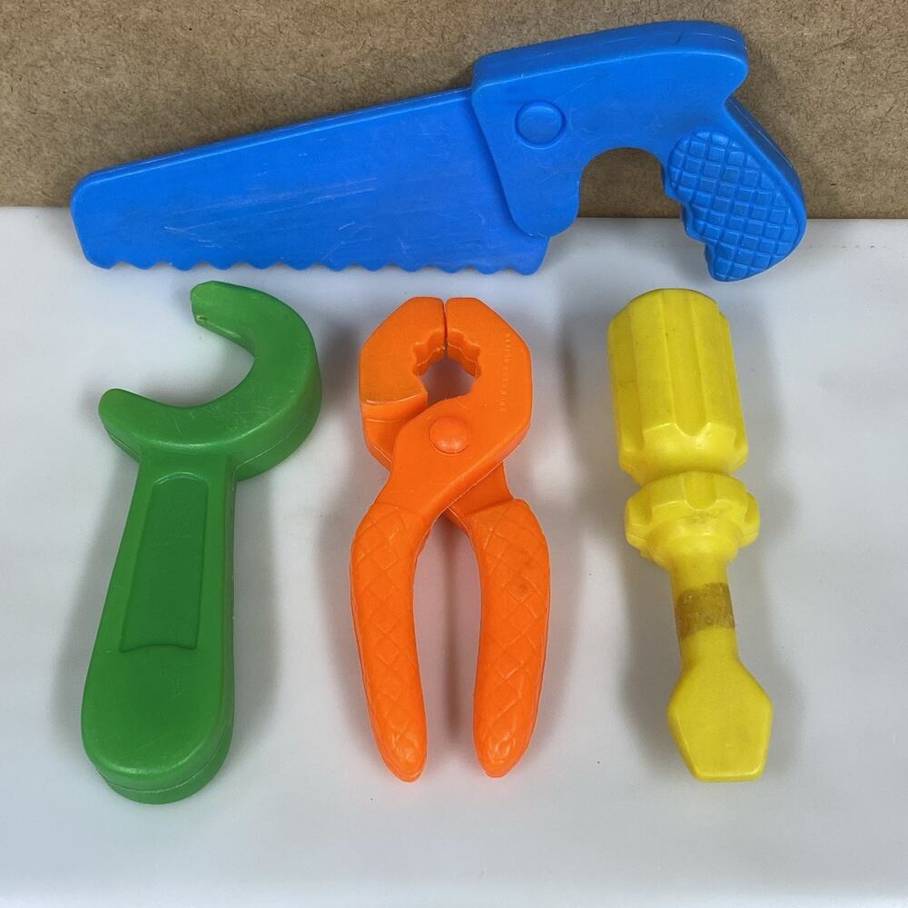 Vtg Kids Tools Lot Of 4 Hand Saw Wrench Pliers Screwdriver Hong Kong Plastic